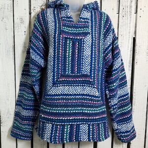 Baja Joe Blanket Pancho D*ug Rug Hoodie Pullover XL Blue Relaxed fit Mexico Boho